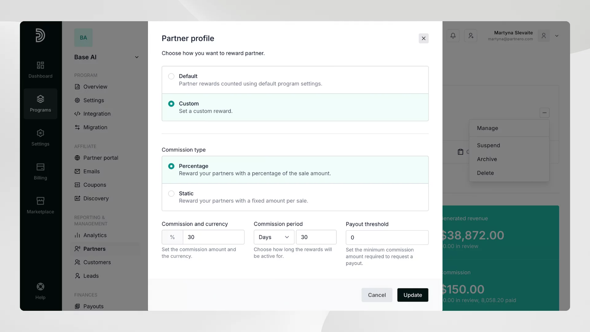 setting a custom commission rate for a specific partner